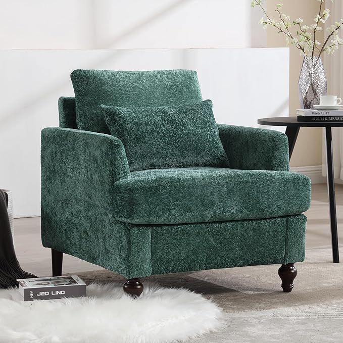 Furnilivng Mid-Century Modern Accent Chair, Comfortable Chenille Lounge Armchair, Upholstered Cozy Single Sofa Chair for Living Room, Bedroom, Reading Room, Home Office, Green