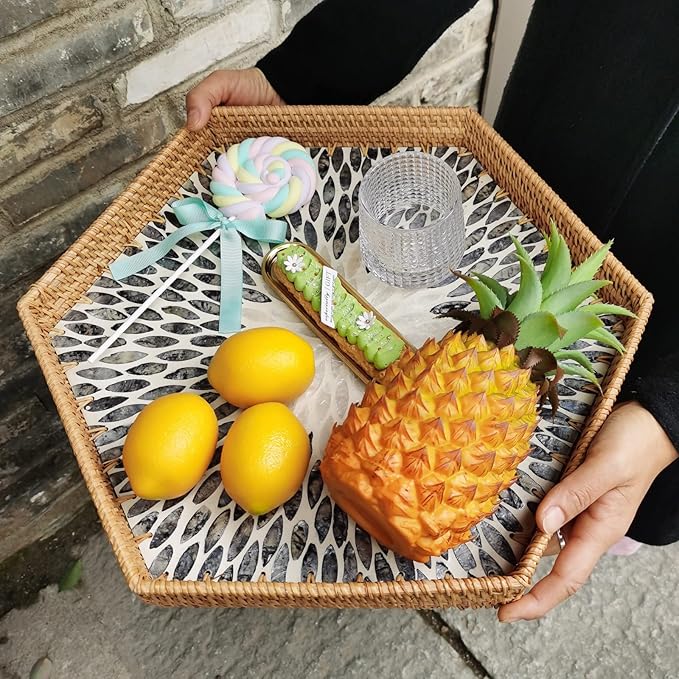 i-LAN 17”Extra Large Hexagonal Rattan and MOP Woven Basket Tray, Boho Wicker Coffee Table Serving Basket Décor with 2 Inch Wall, Handmade Hexangular Display Basket for Countertop