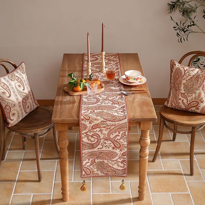 ISAENNE Designer Elegant Red Linen Table Runner 71 Inches Long,Vintage Paisley Pattern Durable Table Runners for Dining Tables,Thanksgiving,Kitchen Tables,Christmas,12"*71"-Chauffrey A