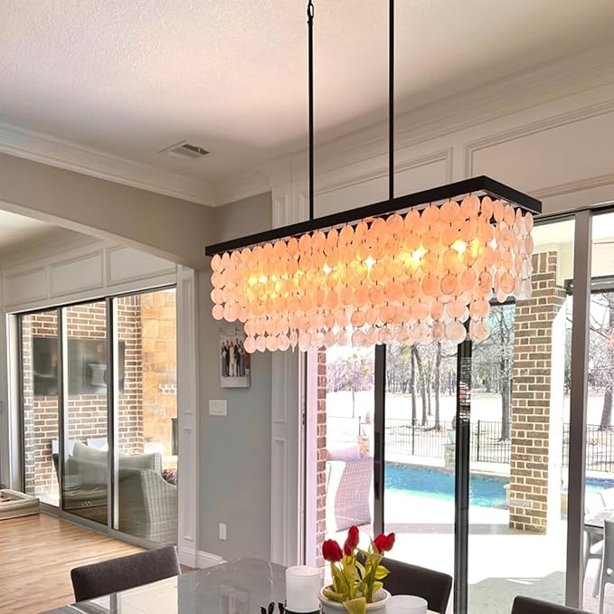 TOCHIC Rectangular Capiz Shell Chandelier, Coastal Beach Lighting 6 Lights, Modern Black Chandelier Shell Pendant Light for Kitchen Island, Dining Rooms, 2 Tier, 39.3" L