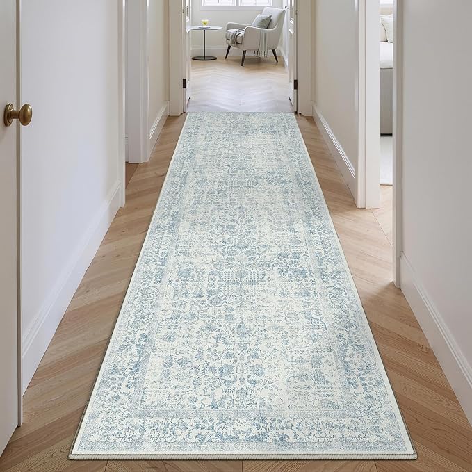 Blue Runner Rug 2x8 Hallway Machine Washable Kitchen Vintage Distressed Non Slip Long Carpet Indoor Retro Floral Bedroom Accent Throw Rug for Bathroom Office Laundry Dining Room