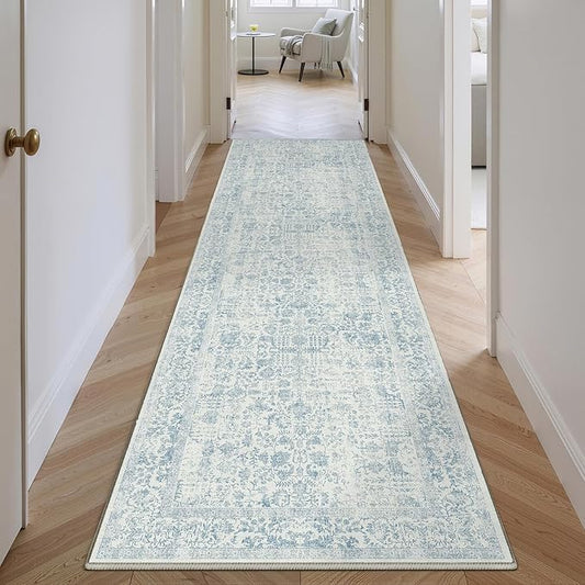 Blue Runner Rug 2x14 Hallway Machine Washable Kitchen Vintage Distressed Non Slip Long Carpet Indoor Retro Floral Bedroom Accent Throw Rug for Bathroom Office Laundry Dining Room
