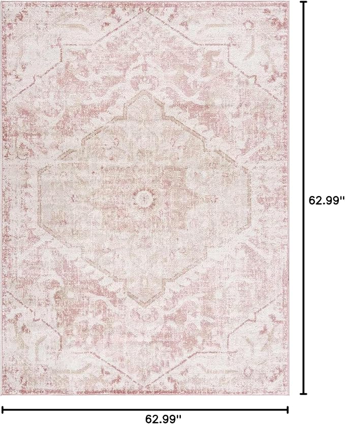 Blush & Light Pink Collection Leonora Bohemian Oriental Medallion Area Rug - Traditional Floral Carpet for Living Room, Bedroom - Blush, Pale Pink, Cream - 5'3" Square Rug