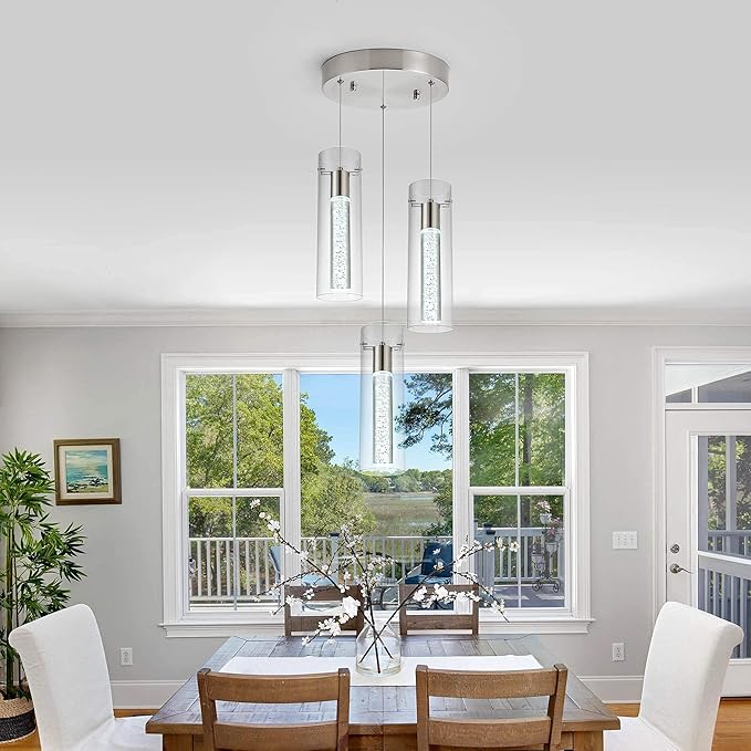Kitchen Lighting Pendant Fixtures 3-Light LED Pendant Ceiling Fixture Brushed Nickel Bubble Cylinder Pendant Light with Adjustable Length for Kitchen Island Dinning Room Bedroom