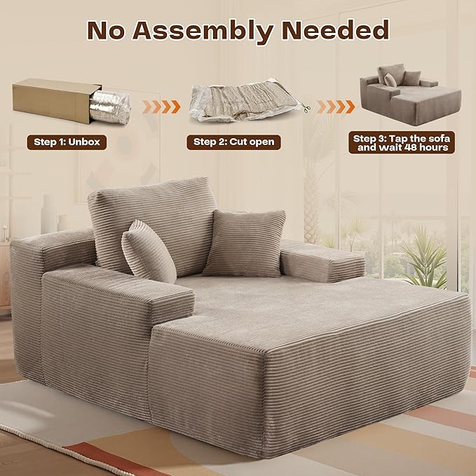 Chaise Lounge Chair Indoor, Oversized Sleeping Couch 67" L * 48.5" W Assembly Free Modern Minimalist Sofa, Extra Deep Large Single Seat Sofa for Living Room (Camel Corduroy Fabric)