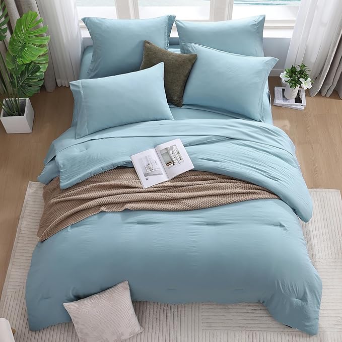 WRENSONGE King Size Comforter Set- 7 Pieces Soft Blue Bed in a Bag with Fitted Sheet, Flat Sheet, 2 Pillow Shams, and 2 Pillowcases- Warm King Bedding Set for All Season