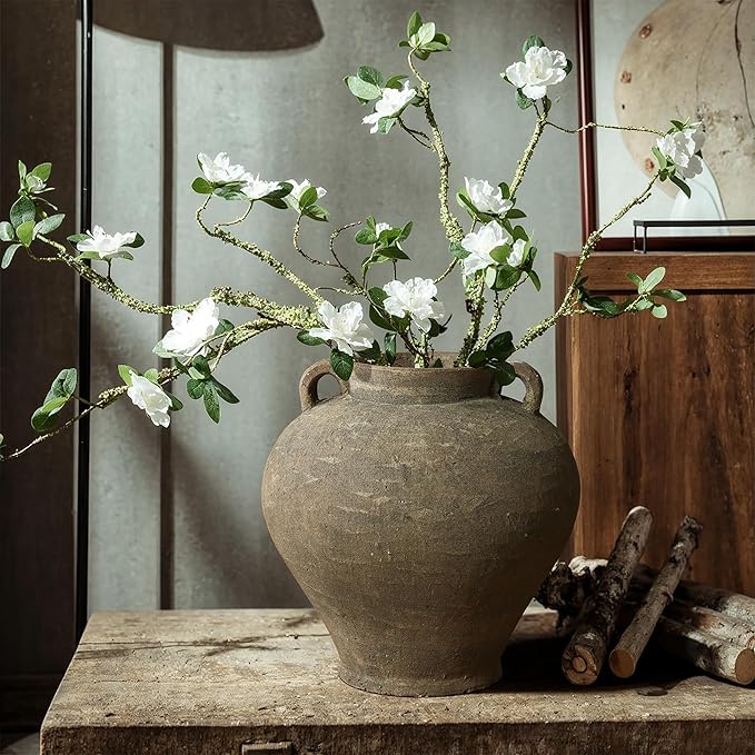 LuxenHome Rustic Large Flower Vase,14'' Tall Brown Terracotta Cauldron Vase,Farmhouse Decorative Vases for Dining Table Decor,Vintage Pottery Ceraimc Vase Living Room Office Home Decor