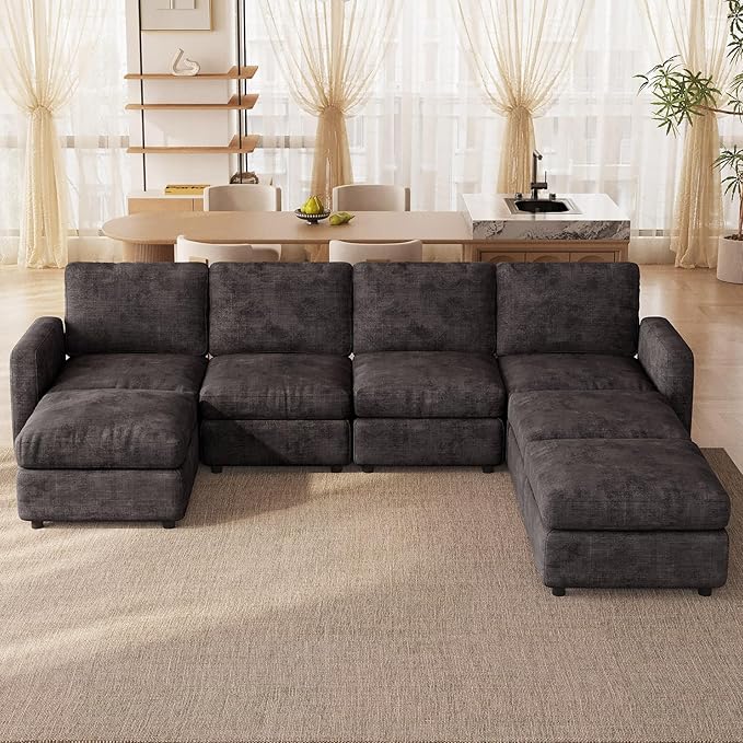 4-Seat Modular Sectional Sofa with 3 Storage Ottomans, Oversized Deep L-Shaped Couch for Living Room, Grey Velvet Family Sofa Set, Modern Apartment Loveseat Sleeper with Extra Comfy Seating