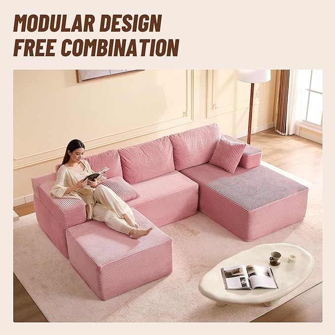 107" Boneless Couch with Deep Seat, Modular Sectional Sofa, Cloud Sectional Couch for Living Room, No Assembly Required, Corduroy, U-Shape 3 Seater Right, Pink