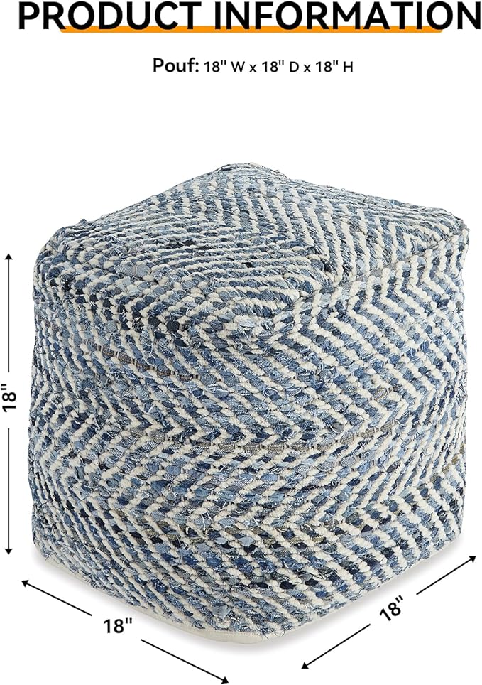 Signature Design by Ashley Chevron Handmade Woven Pouf 18 x 18, Blue and White
