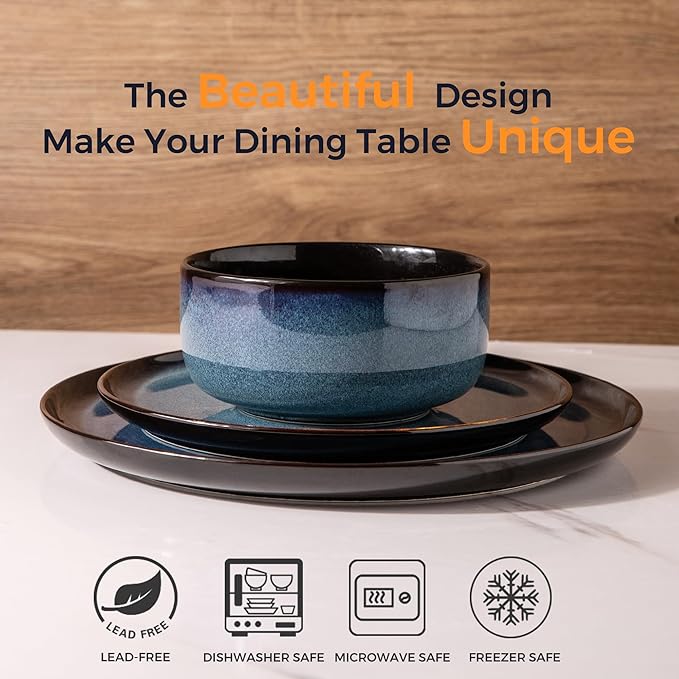 LeRatio Ceramic Dinnerware Sets for 4,Porcelain Plates and Bowls Sets,Handmade Reactive Glaze Dishes Set,Chip Resistant and Scratch Resistant | Oven&Dishwasher & Microwave Safe,Service for 4-Blue