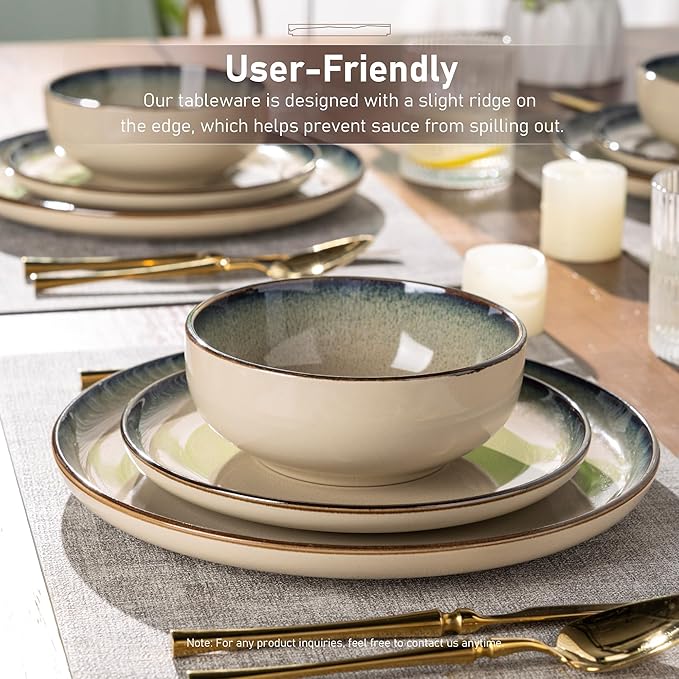 GBHOME Ceramic Dinnerware Sets for 4, 12 Pieces Stoneware Plates and Bowls Sets, Scratch Resistant Dishes, Dishwasher & Microwave Safe, Reactive Glaze-Gravel