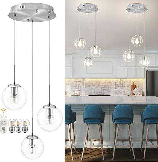 KoKo&Yukina 3-Light Globe Glass Pendant Light Modern Nickel Clear Globe Glass Chandelier Adjustable Length Pendant Lights Fixtures High Ceiling Light for Kitchen Island Foyer (Bulb & Remote Incl.)
