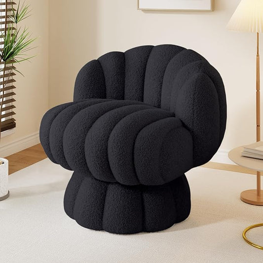 Mid Century Modern 360 Degree Barrel Swivel Accent Vanity Chair,Fluffy Sherpa Fabric Lounge Wide Upholstered Pumpkin Reading Chair, Round Cloud Armchair for Living Room,Bedroom,Vanity(Black)