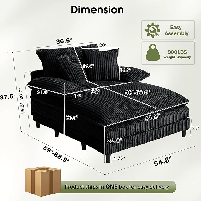 55" W Oversized Chaise Lounge Sofa Couch with 5-Position Adjustable Backrest, Corduroy Sleeper Chair Sofa Bed, Reading Chair ‌with Deep Seat, Cloud Couches for Living Room, Bedroom, Black