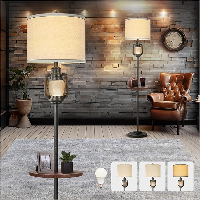 Farmhouse Lantern Floor Lamp with Tray for Living Room with Nightlight Vintage Tall Lamp with Linen Fabric Shade Industrial Standing Lamp for Bedroom Office Home House Study(Bulb Included)