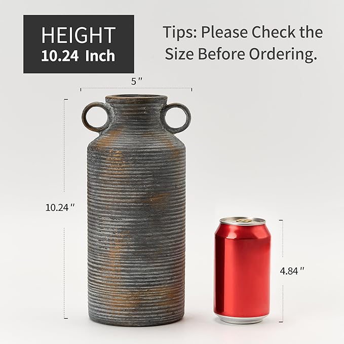 Ceramic Rustic Vase with 2 Round Handles, Antique Farmhouse Flower Vase, Vintage Terracotta Vases for Home Decor, Wedding, Living Room, Table, Shelf Decor - 10.2 Inch Tall, Black Bronze