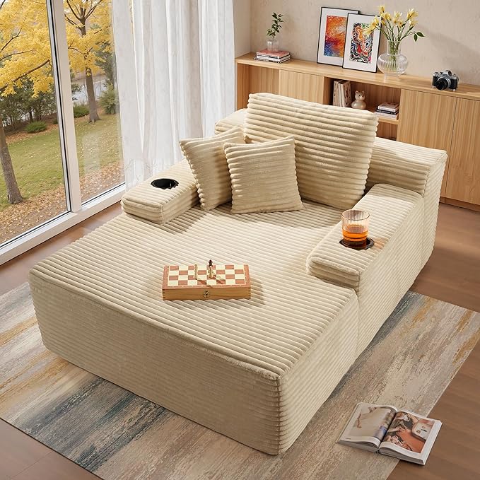 Chaise Lounge Chair Indoor, 67" Oversized Comfy Plush Fur Sleeper Sofa Bed with Cup Holders and Wide Armrests, Boneless Upholstered Recliner Bed, Modern Cloud Couch for Living Room, Beige