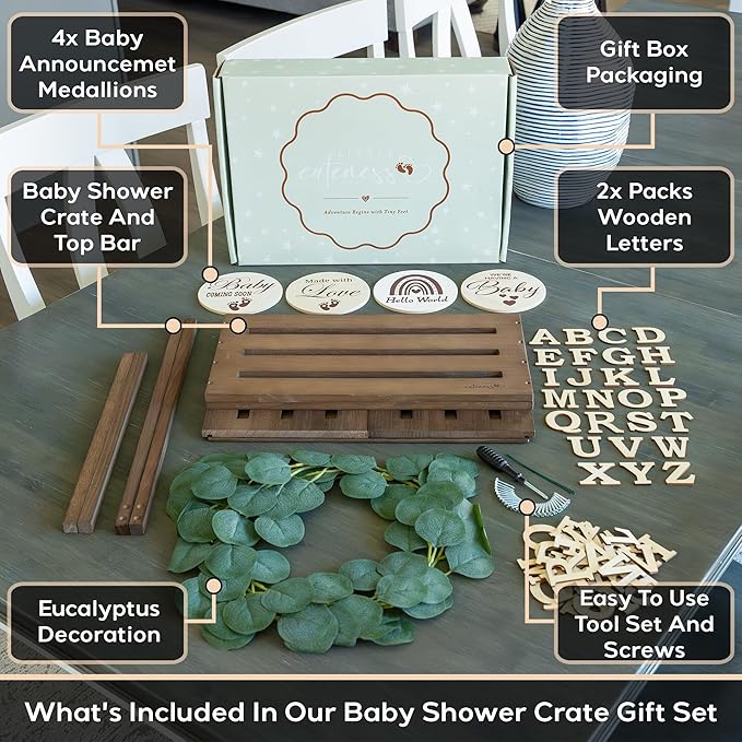 Wooden Baby Shower Crate Closet - Rustic Brown, Personalized Baby Gift Basket with Dual Rod System, Easy Assembly, 16"L x 11.8"W x 8"H