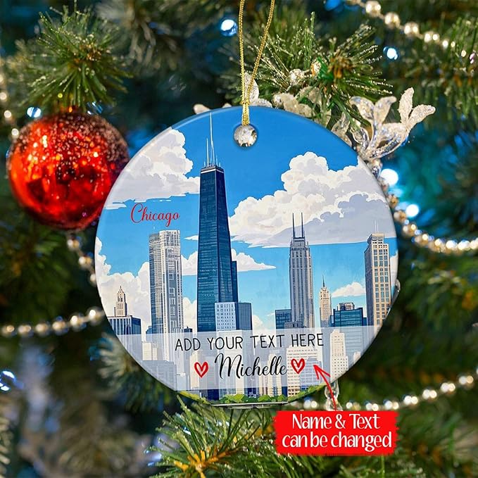 Chicago IL US Travel Souvenir Ceramic Ornament Christmas 2025, Personalized Chicago City Skyline IL Ornament for Xmas Tree Hanging, Custom Text/Name Illinois Travel Xmas Ornaments Gifts for Men Women