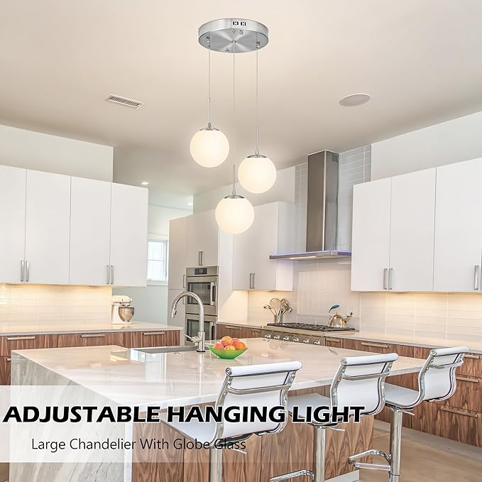 KoKo&Yukina Globe Pendant Light 3 Light Nickel Globe Pendant Lights Kitchen Island Mid Century Light Fixture with Milky White Glass Shade for Dining Room Living Room