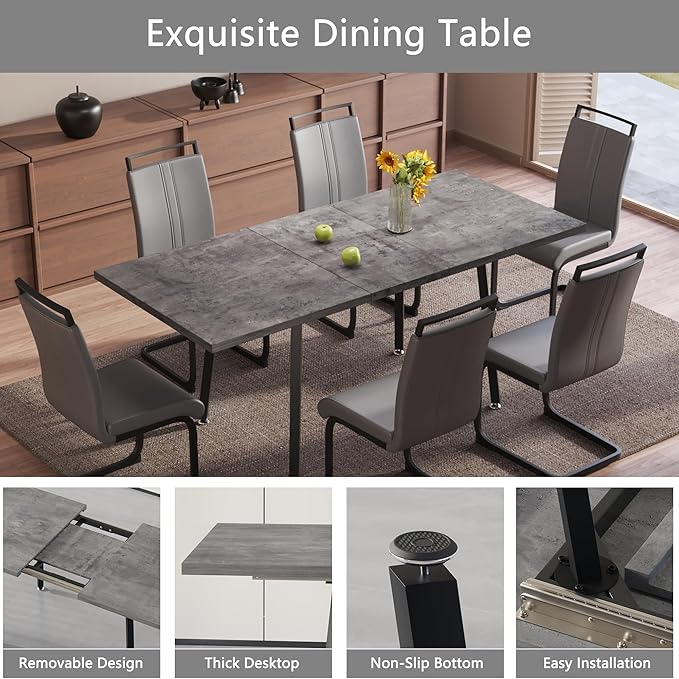 7 Piece Dining Table Set for 6-8,55-71" Extendable Dining Table Set with 6 Upholstered Chairs,Rectangle Kitchen Table Set for Small Space,Dining Room and Office,Grey