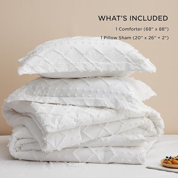 Bedsure Twin Comforter Set - White Boho Twin Comforter, Shabby Chic Dorm Bedding Set for Kids, 2 Pieces Modern Farmhouse Bed Set, Includes 1 Pillow Sham