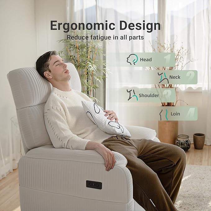 Overized Power Swivel Rocker Recliner Chair,Comfy Corduroy Sofa Reclining for Adults,Adjustable Rocker Reclining Sofa Lounge with USB&Type-C Ports,Side Pocket, for Living Room,White