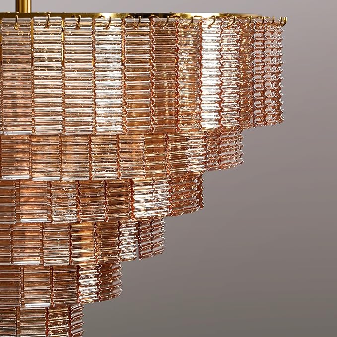 Large Chandelier, 41" Gold Chandelier for Dining Room, 18-Light Round Drum Kitchen Island Hanging Light Fixture，Amber Glass Linear Chandeliers Perfect for Living Room, Bedroom,Kitchen, Foyer