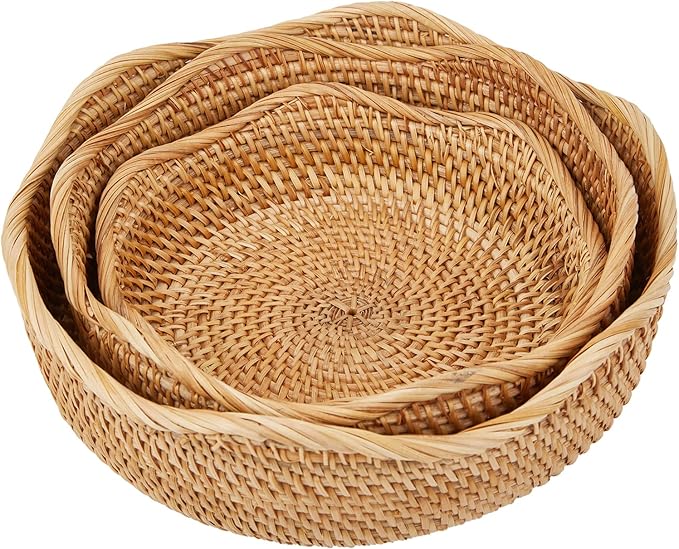 Natural Rattan Round Fruit Basket Bowls, Hand Woven Decor Serving Baskets, Wicker Storage for Dinning Room (Wave-Combo)