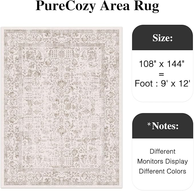 Light Brown Area Rug 9x12 Machine Washable Large Vintage Living Room Distressed Non Slip Carpet Traditional Indoor Bedroom Retro Floral Accent Throw Rug for Office Kitchen Dining Room