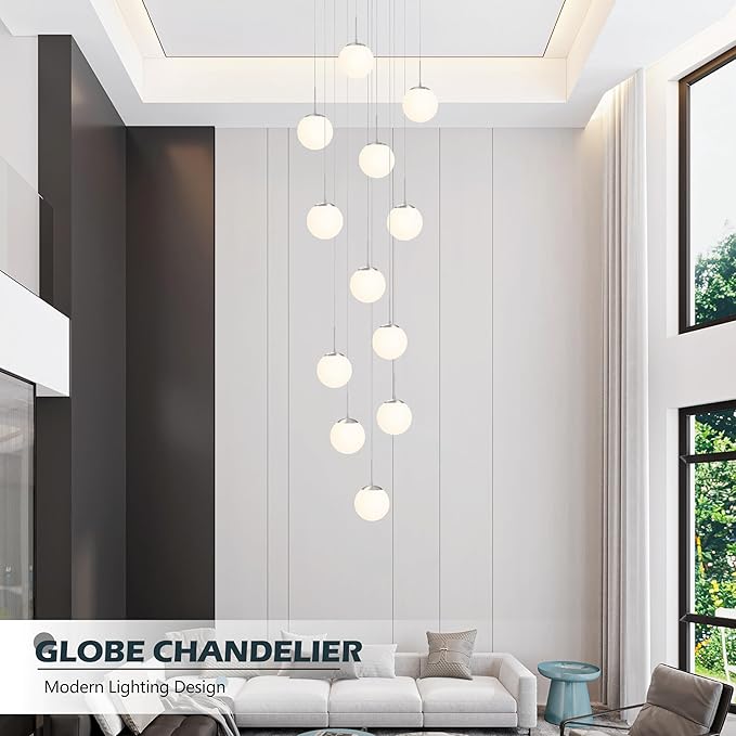 KoKo&Yukina 12-Light Nickel Mid Century Modern Chandelier for Living Room Staircase Chandelier for Entryway Globe Milky White Glass Pendant Light High Ceiling Chandeliers Foyer (Bulb & Remote Incl.)