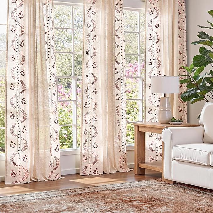 jinchan Belrose Linen Curtains for Bedroom Floral Curtains 63 Inch Length Linen Blend Burgundy Red Embroidered Drapes Farmhouse Flower Patterned Drapes for Living Room Window Treatments Set 2 Panels