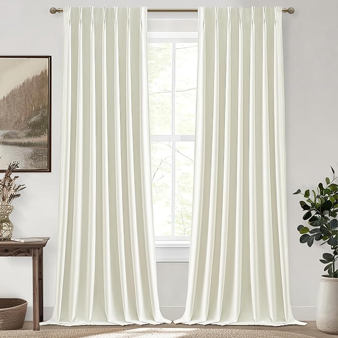 Light Cream Linen Curtains 90 Inches Long Decorative Total Blackout Window Curtains Cute for Nursery/Sliding Glass Doors Pinch Pleated with Hooks Linen Blend Insulated Thermal Drapes 2 Panels
