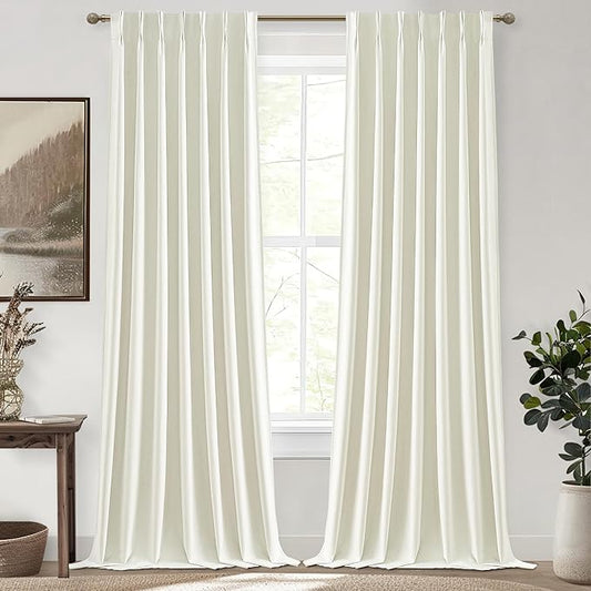 Light Cream Linen Curtains 90 Inches Long Decorative Total Blackout Window Curtains Cute for Nursery/Sliding Glass Doors Pinch Pleated with Hooks Linen Blend Insulated Thermal Drapes 2 Panels