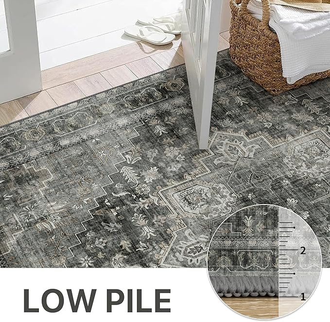GENIMO 2x7 Runner Rugs for Hallway, Machine Washable Non Slip Vintage Rugs, Low Pile Lightweight Soft Print Rug for enrtyway, Corridor, Home Office, Kitchen, Charcoal Gray