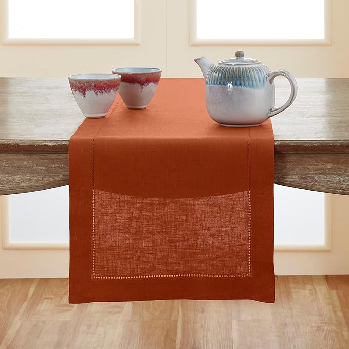 Solino Home Linen Cinnamon Table Runner 132 Inches Long - 100% Pure Linen Extra Long Table Runner 14 x 132 Inch - Classic Hemstitch - Fall, Autumn, Halloween, Thanksgiving
