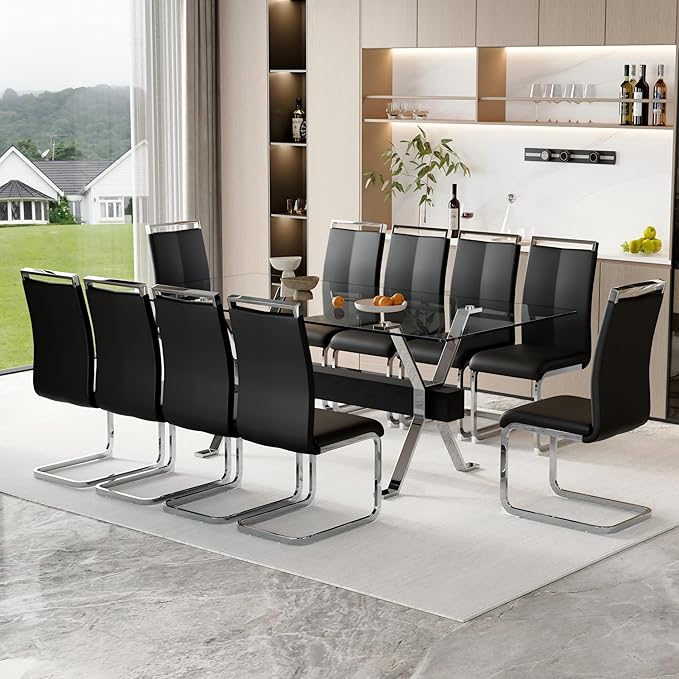 11 Piece Glass Dining Table Set, 79" Modern Dining Table Set for 10, 0.5" Thick Tempered Glass Tabletop with Silver Chrome Metal Legs and Black Crossbar, 10 PU Chairs for Dining Room, Kitchen