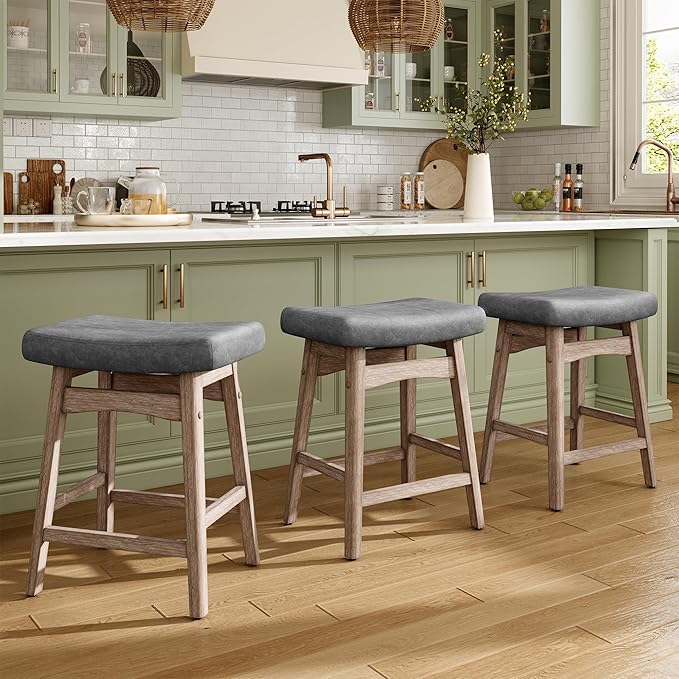MAISON ARTS Counter Height Bar Stool for Kitchen Counter Solid Wood Legs with Fabric Saddle Seat Farmhouse Barstool for 34"-38" Counter Island Upholstered Stool, 24in, Grey Cushion,1pc