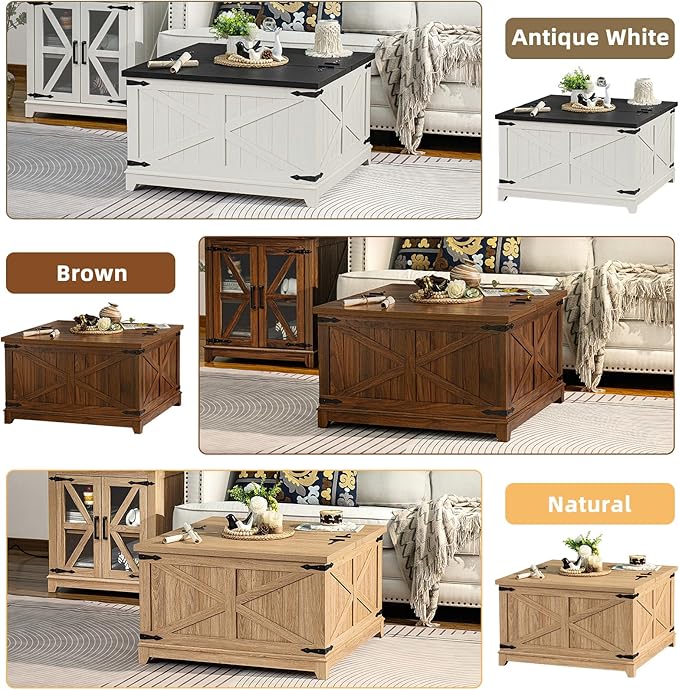Farmhouse Coffee Table with Hidden Storage Compartment, Antique Black & White Square Large Center Table for Living Room, Wood Rustic Wide Coffee Tables with Hinged Lifting Tabletop for Home