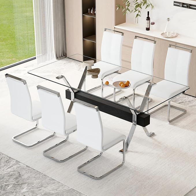 7 Piece Glass Dining Table Set, 79" Modern Dining Table Set for 6, 0.5" Thick Tempered Glass Tabletop with Silver Chrome Metal Legs and Black Crossbar, 6 PU Chairs for Dining Room, Kitchen