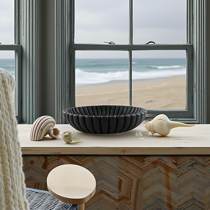 15" Large Decorative Bowl decor , Scalloped Decorative Bowls for Modern Home Decor,Ruffle Decor,Stylish Key Bowl for Entry Table,Decorative Fruit Bowl for Kitchen Counter,Artificial Stone Black