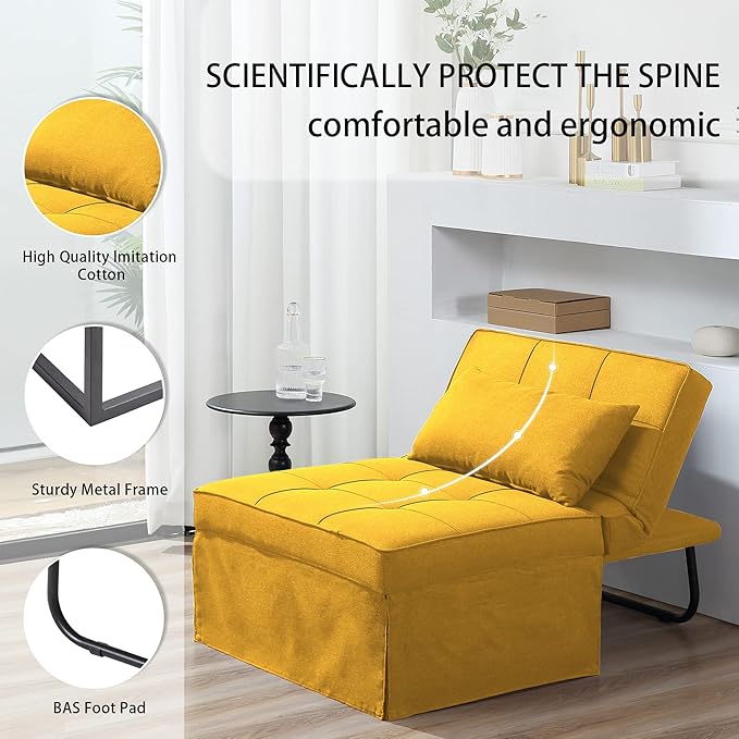 BIGSYY Sofa Bed, 4 in 1 Multi-Function Folding Ottoman Breathable Linen Couch Bed with Adjustable Backrest Modern Convertible Chair for Living Room Apartment Office, Yellow