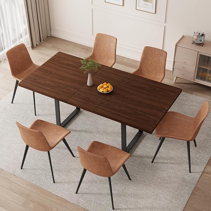 ZckyCine 63"-79" Modern Dining Table Set for 6-8 People Kitchen Dining Room Table Set Extendable Wood Dining Table and 6 Upholstered Chairs, Home Kitchen Furniture