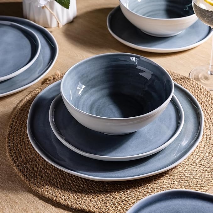 LERATIO Ceramic Dinnerware Sets for 6,Plates and Bowls Sets with Wavy Edge,Microwave & Dishwasher & Oven Safe,Light Weight & Scratch Resistant Dishes Sets-Service for 6 (18pcs)-Light Jean Blue