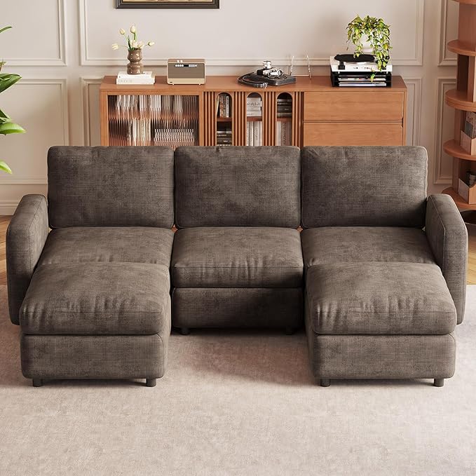 5-Seat Modular Sectional Sofa Couch with Ottoman Storage, Convertible Sleeper Sofas for Living Room Bedroom Apartment, Comfy Brown Cloud Futon Lounge Couches Furniture Set