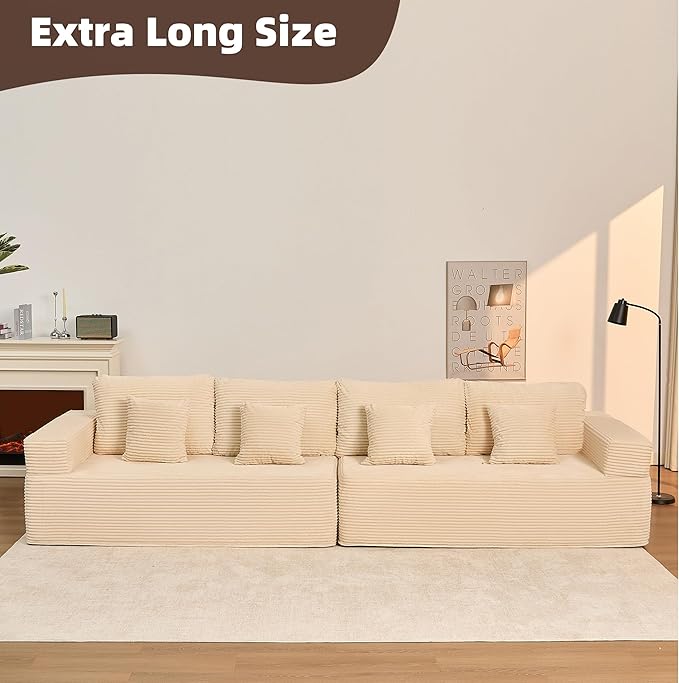 138" Modular Sofa Memory Foam Sectional Couches for Living Room, Sleeper Sofa Bed, Corduroy, White
