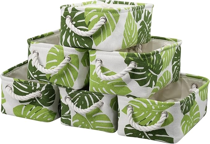 Storage Cubes, Storage Bins Baskets for Organizing 6 Pack for Organizing Toys, Clothes, Closet Baskets with Rope Handles for Nursery Home(White and Green,12"L×8"W×5"H)