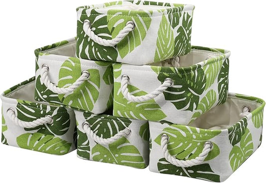 Storage Cubes, Storage Bins Baskets for Organizing 6 Pack for Organizing Toys, Clothes, Closet Baskets with Rope Handles for Nursery Home(White and Green,12"L×8"W×5"H)