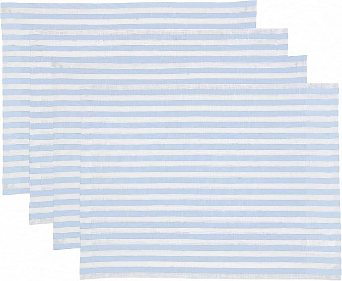 Solino Home Linen Placemats Set of 4 - Amalfi Stripe Sky Blue and White Placemats 14 x 19 Inch - 100% Pure Linen Place Mats for Christmas, Holiday